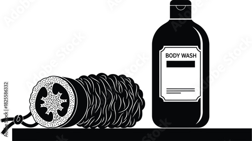 Black body wash bottle and loofah, personal care and hygiene products
