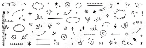 Cute line sketch star, arrow, heart design element icon set. Hand drawn sketch doodle cute star, heart, flower element. Line text decoration scribble decoration icon. Hand drawn Vector illustration