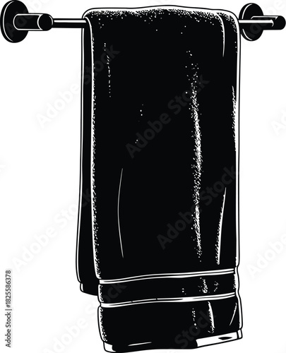 Hanging black towel on a metal rod, bathroom, hygiene
