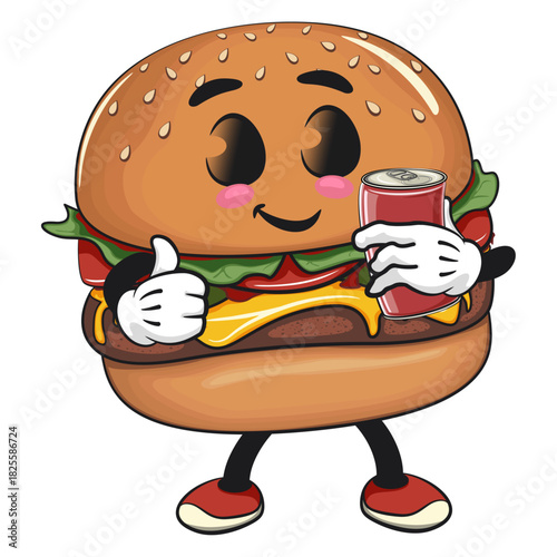 cute burger mascot character bring canned drinks, happy cartoon burger vector illustration, work of hand drawn