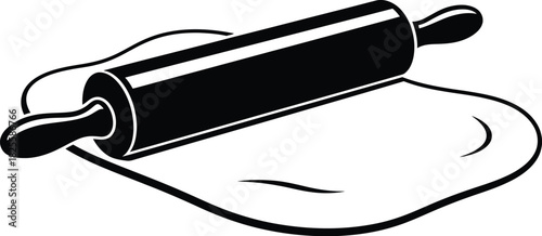 Black rolling pin on dough, baking preparation, cooking