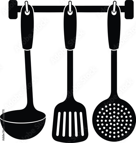 Black kitchen utensils, ladle, spatula