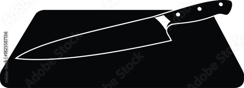 Black chef's knife on a cutting board, kitchen utensil, food preparation