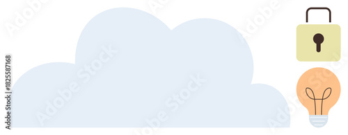 Cloud shape, closed padlock, and light bulb. Ideal for data storage, security, innovation, technology, cloud computing privacy and cybersecurity concepts. Simple flat metaphor