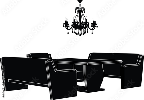 Elegant dining room furniture with chandelier, table and chairs