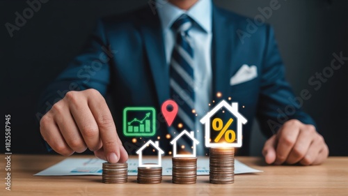 Business professional adjusts stack of coins beneath glowing property icons representing finance and investment growth