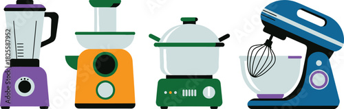 Kitchen Appliance Set Blender, Juicer, Slow Cooker, and Stand Mixer Illustration on White Background