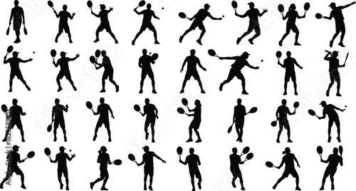 A diverse set of black silhouettes of male and female professional tennis players performing various shots, serves, and poses on the court, perfect for sports design and vector illustrations.