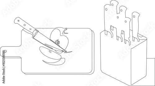 Kitchen Knife Block with Knives, Apple Slice on Cutting Board Line Art