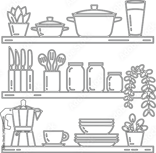 Kitchen Shelves Outline Pots, Pans, Jars, Plants, Plates, Coffee Maker, and Knife Block Illustration
