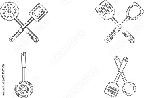 Kitchen Utensil Line Art Spatulas and Skimmers in Outlines Isolated on White