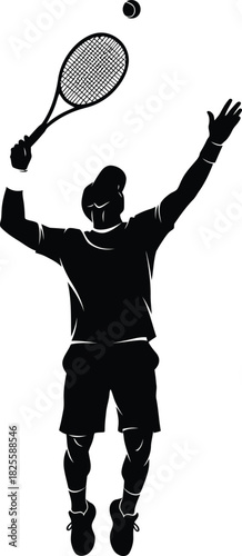 Tennis Player Serving Powerful Shot – Black and White Silhouette Vector Art
