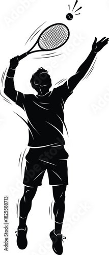 Tennis Player Serving Powerful Shot – Black and White Silhouette Vector Art