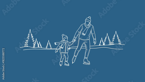 Father and Child Ice Skating Together in a Winter Landscape