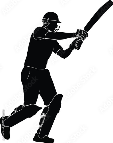 Cricket Batsman Swinging Bat for Boundary – Black and White Silhouette Vector Art