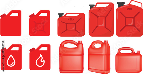 Various, Size, of, Red, Plastic, Jerry, Cans, Tall, Big, Medium, and, Small, Size, of, Jerrycan, Flat, Vector, Illustration.