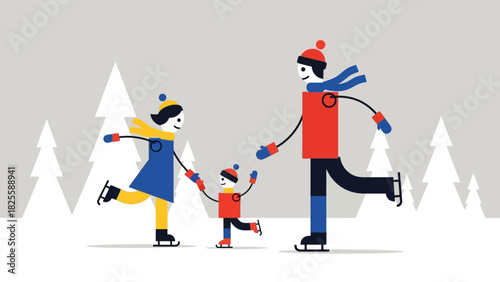 Family Having Fun Ice Skating in Winter Landscape Illustration