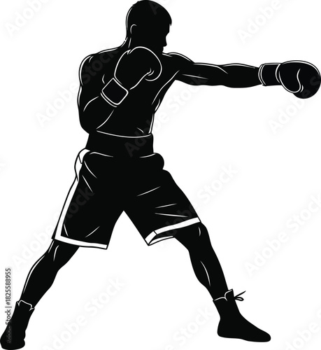 Boxer Throwing Punch in Fighting Stance – Black and White Silhouette Vector Art
