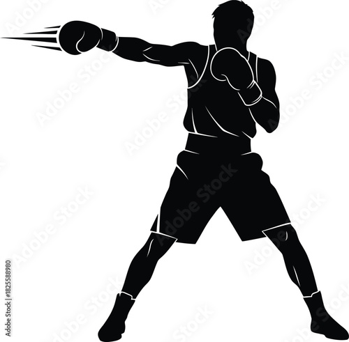 Boxer Throwing Punch in Fighting Stance – Black and White Silhouette Vector Art