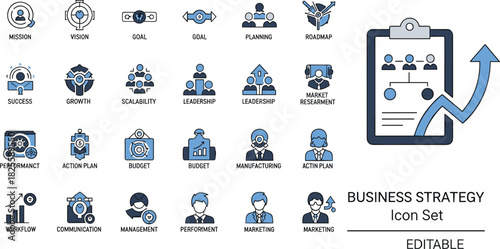 Business strategy icon set, mission, vision, goal, planning, growth, leadership, and budget management vector symbols.