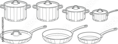 Line Art Illustration Kitchenware Set with Stock Pots, Saucepans, and Frying Pans, Isometric View