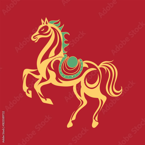 Golden lunar horse illustration on a vivid red background in flat festive style perfect for Lunar New Year themes celebrations branding decor posters cards and cultural creative projects now