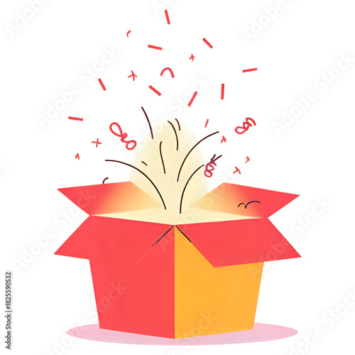 Colorful illustration of an open present box with a burst of red confetti and a radiant light, symbolizing surprise, joy, celebration, and an exciting unboxing