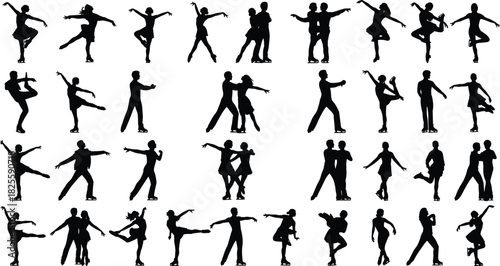 Figure skating silhouette vector set, pairs and solo ice dancer poses collection, Olympic winter sport, elegant jumps, lifts, and spins graphic design elements bundle.