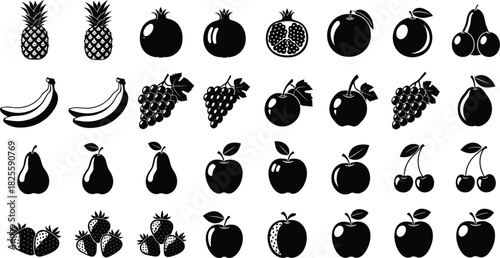 Fruit silhouette vector icon set featuring pineapple, pomegranate, apple, cherry, banana, grape, pear, and strawberry black collection for healthy food, agriculture, juice, and market designs.