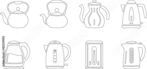 Line Art Kettle Collection Traditional Teapots, Electric Kettles, and Modern Designs Outline Isolated