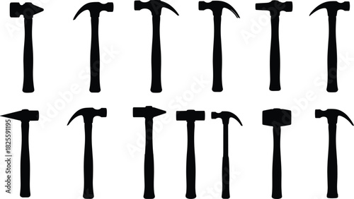 Hammer tool silhouette vector icon set, construction and carpentry equipment collection, various types like claw, sledge, and ball-peen, repair and maintenance graphic elements.