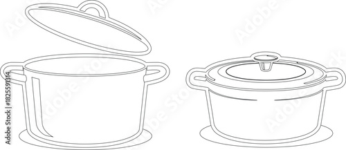 Line Art Illustration Two Simple Cooking Pots, One Open, One Covered on White Background