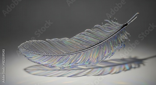 Intricate glass sculpture shaped like a feather rests on a reflective surface casting a subtle shadow