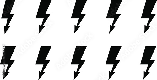 High voltage lightning bolt black silhouette icon set featuring electric flash, energy, power, storm, thunderbolt, and warning symbols simple vector collection for danger and electricity themes.
