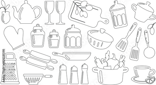 Line Art Kitchenware Teapot, Glasses, Cutting Board, Spatulas, Pot with Vegetables, and Salt Shakers Illustration