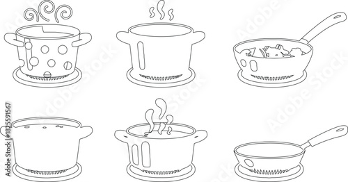 Line Art of Cooking Pots and Pans on Stovetops Kitchen Illustration Outline