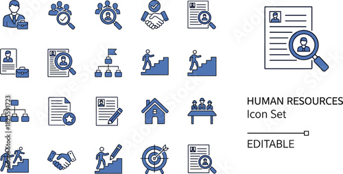 Human Resources icon set, recruitment, career development, employee hiring, resume search, and partnership vector symbols for business HR.