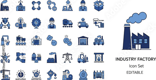 Industry Factory Icon Set featuring manufacturing, automation, smart factory, engineering, maintenance, robotics, production line, and industrial power blue vector line collection for technology and b