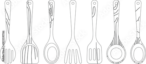 Line Art of Kitchen Utensils Spoons, Spatulas, and Forks for Cooking Prep