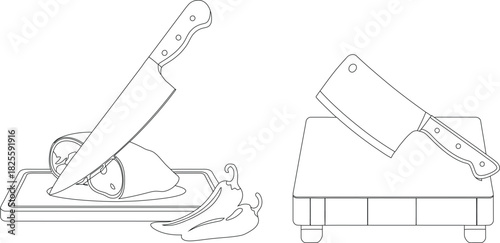 Line Art of Knives, Meat, and Peppers on Cutting Boards for Coloring