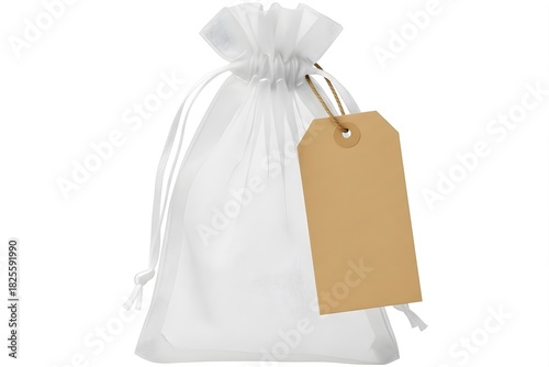 White organza gift bag with kraft paper tag attached
