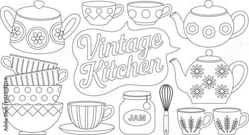 Line Art of Vintage Teapots, Cups, Whisk, and Jam, Ready for Coloring Fun!