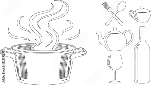 Line Art Steaming Pot, Wine Bottle, Glass, Teapot, Sugar Bowl, Silverware