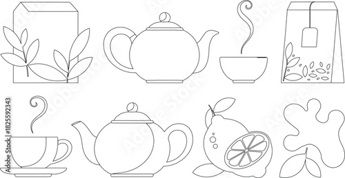 Line Art Tea Still Life Teapots, Tea Bags, Cups, Lemon, and Splash of Tea