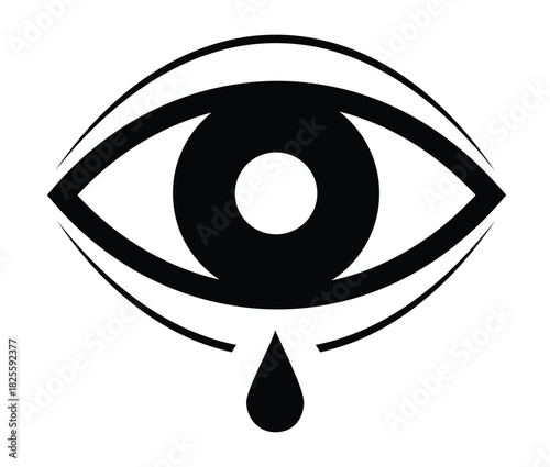 Eye icon with a large pupil and single tear drop, symbolizing sadness, grief, emotion, pain, and loss on a white background