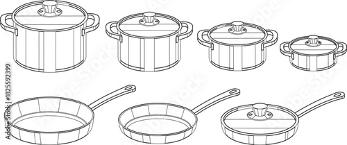 Line Drawing of Kitchen Cookware Pots and Pans in Various Sizes and Styles
