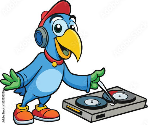 Blue cartoon parrot DJ wearing headphones and a cap, mixing on a turntable on a white background music
