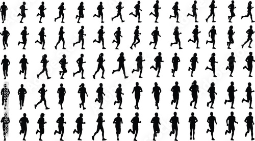 Running and jogging figure vector silhouette set, male and female runners in motion, fitness, exercise, marathon, and healthy lifestyle graphic design elements collection.