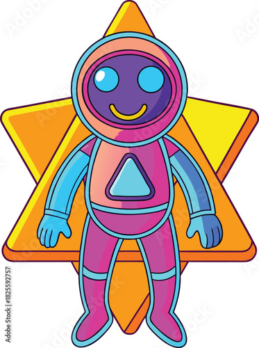 Cartoon astronaut character in a pink and blue suit standing in front of a yellow star space cosmic