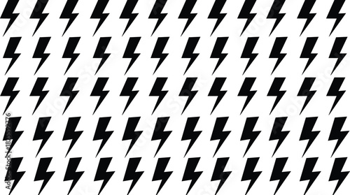 Seamless lightning bolt thunder flash vector pattern background with electricity, power, energy, thunderbolt, dynamic, speed, and modern wallpaper design in a repeating black and white illustration.
